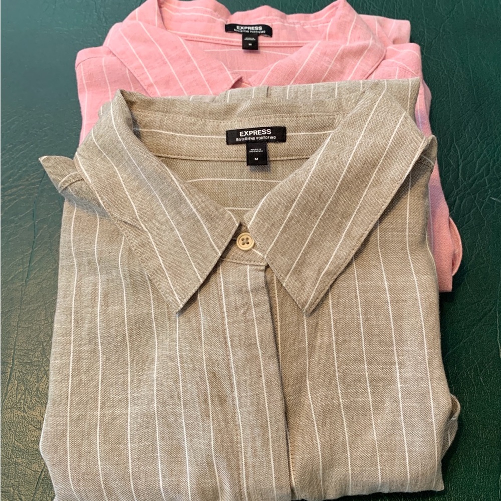 2- Express Boyfriend  Seaside Portofino Tan and Pink Striped Button-Down Shirt